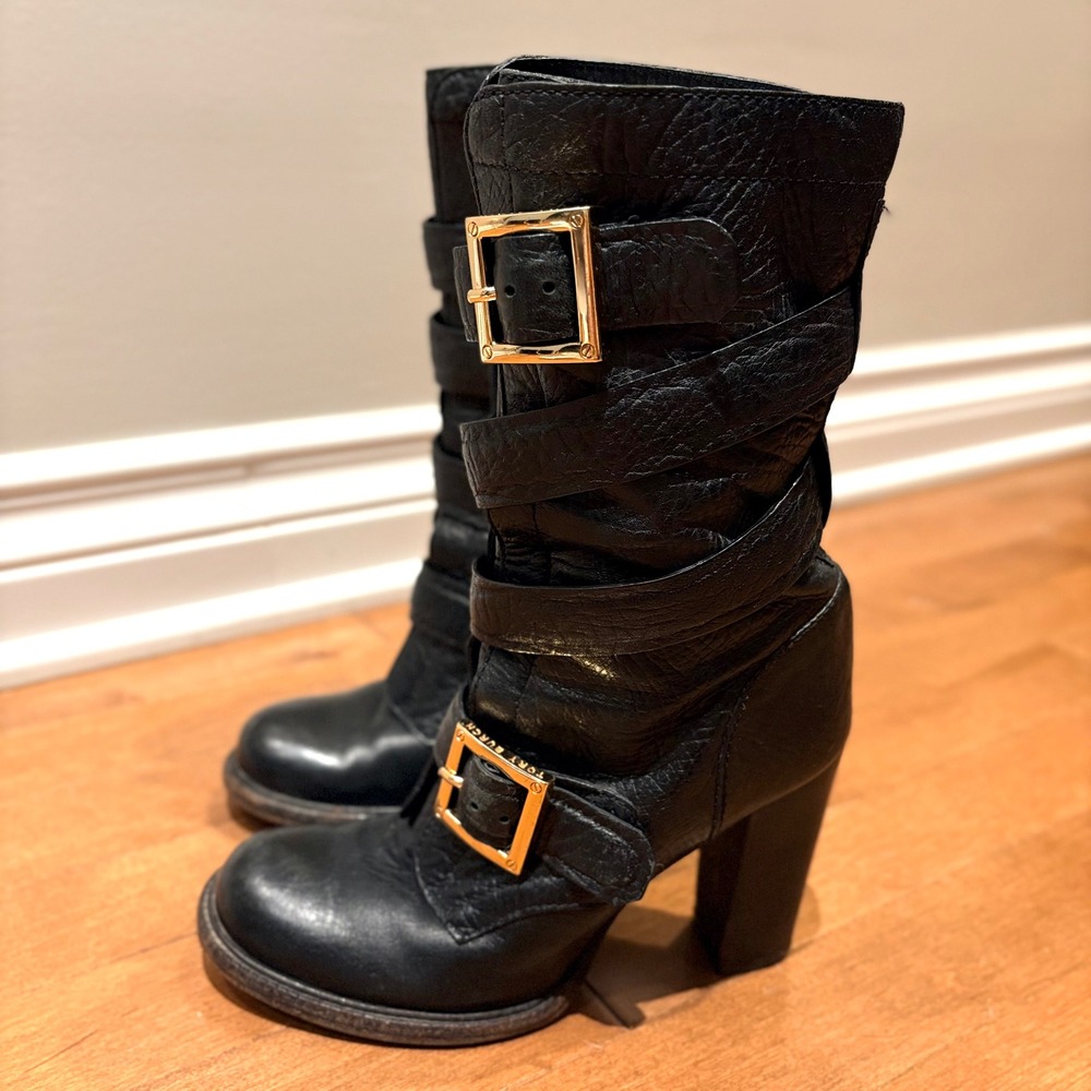 Tory Burch Black Leather Jaden Heeled Moto Boots Buckle Gold Hardware - Size 6